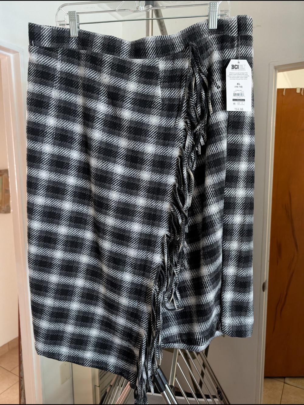 Black & White Plaid Fringe Wool Like Faux Wrap Skirt